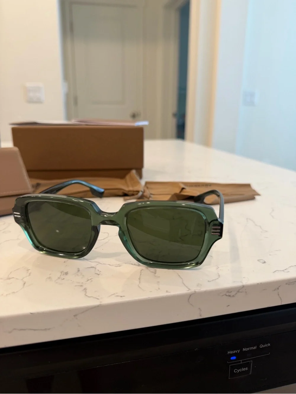 Burberry Green Rectangular Sunglasses with Brown Accessories